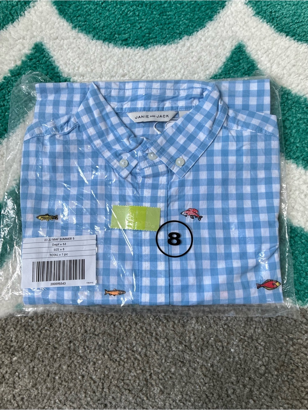 NWT - Janie and Jack Embroidered Fish Gingham Shirt (Blue/White) Size 8 - Picture 7 of 9